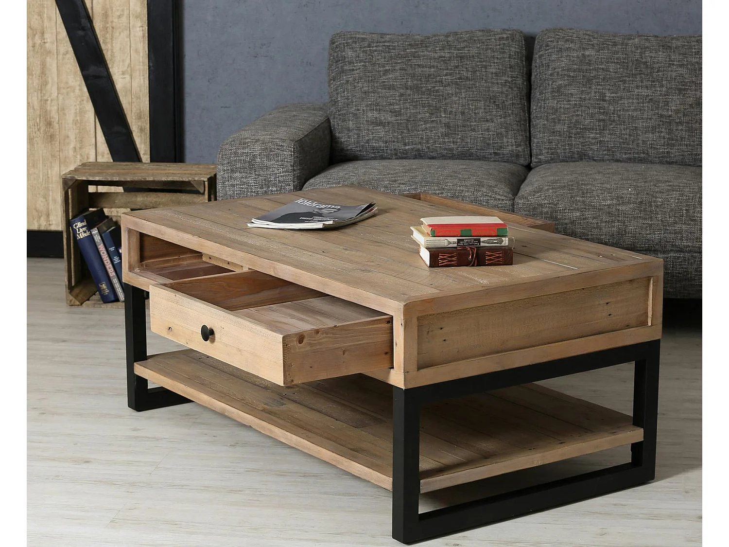 Table basse avec rangement en bois recyclé AUCKLAND