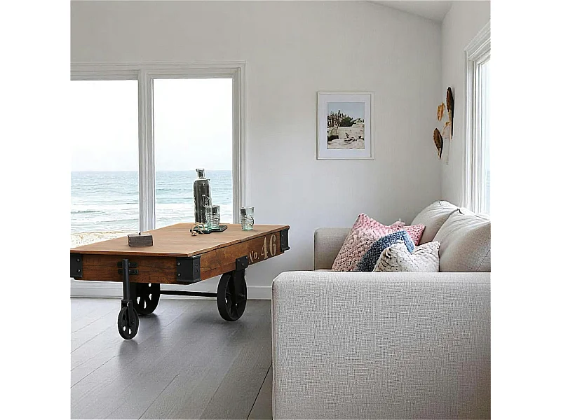 Table basse industrielle vintage bois recyclé roues LEEDS