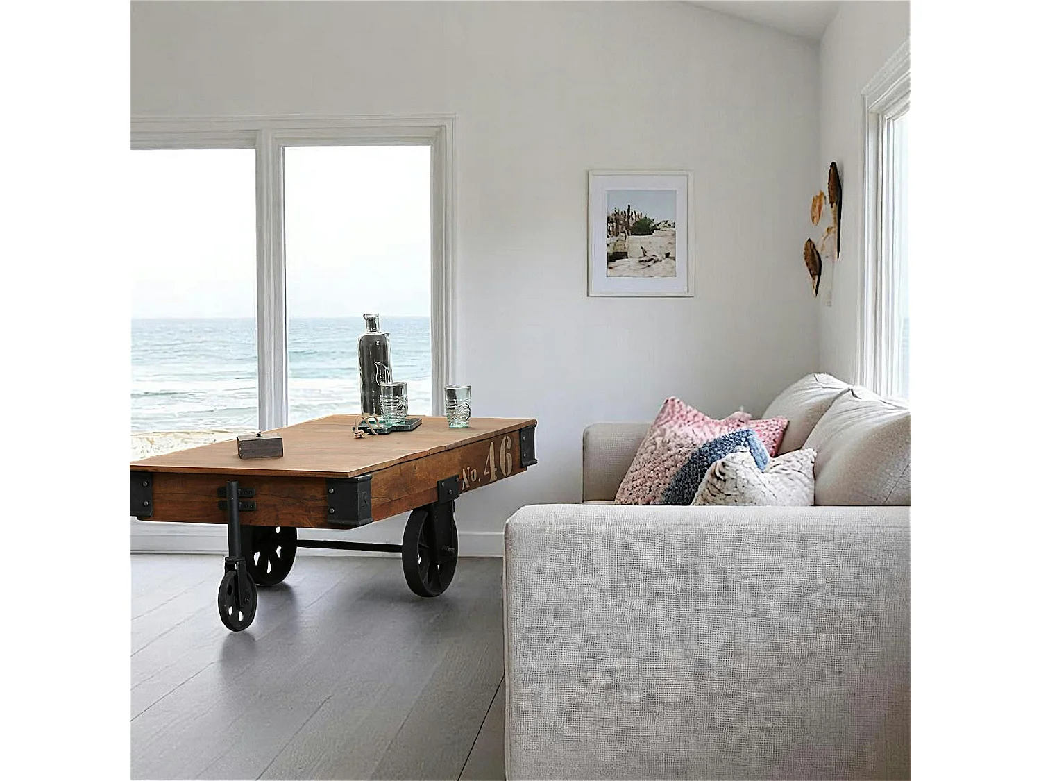 Table basse industrielle vintage bois recyclé roues LEEDS