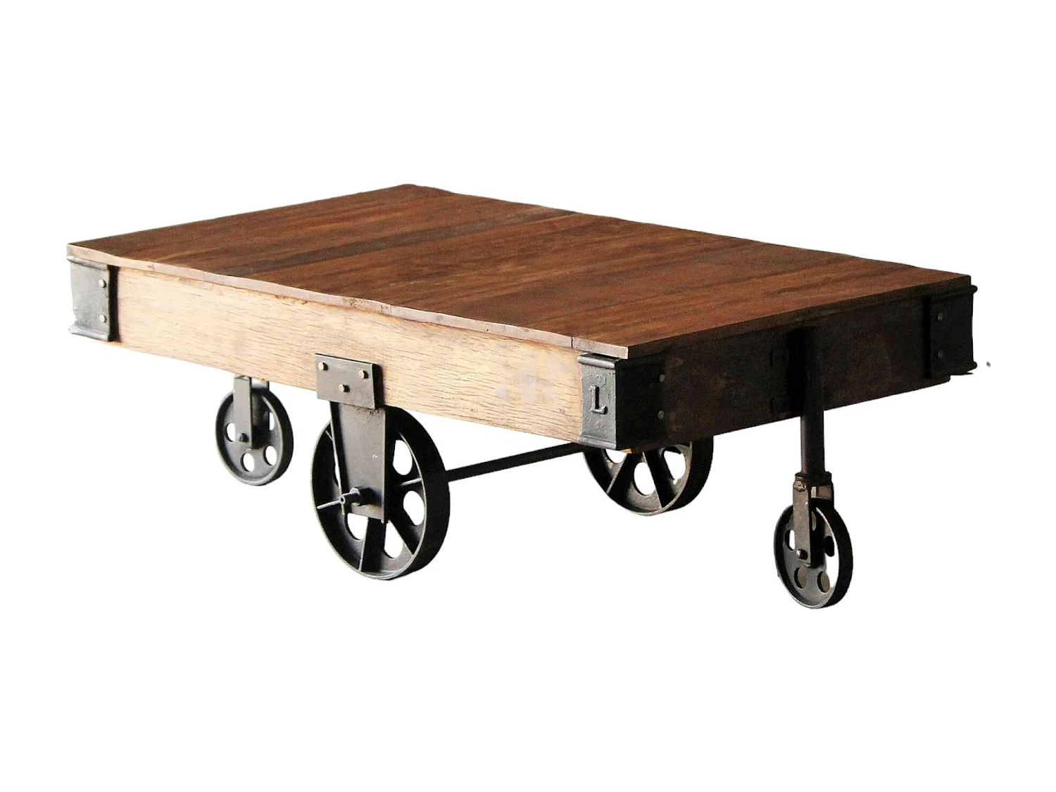 Table basse industrielle vintage bois recyclé roues LEEDS