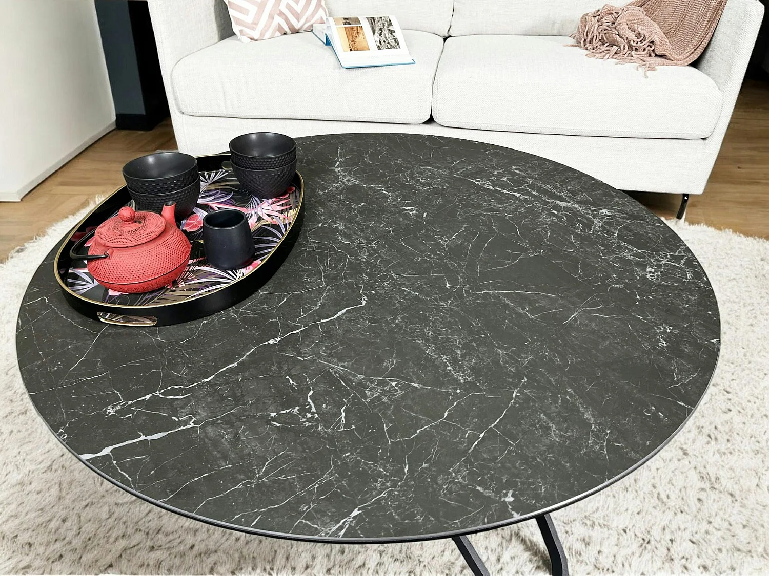 Table basse ronde en céramique marbrée anthracite LOMBARDIE