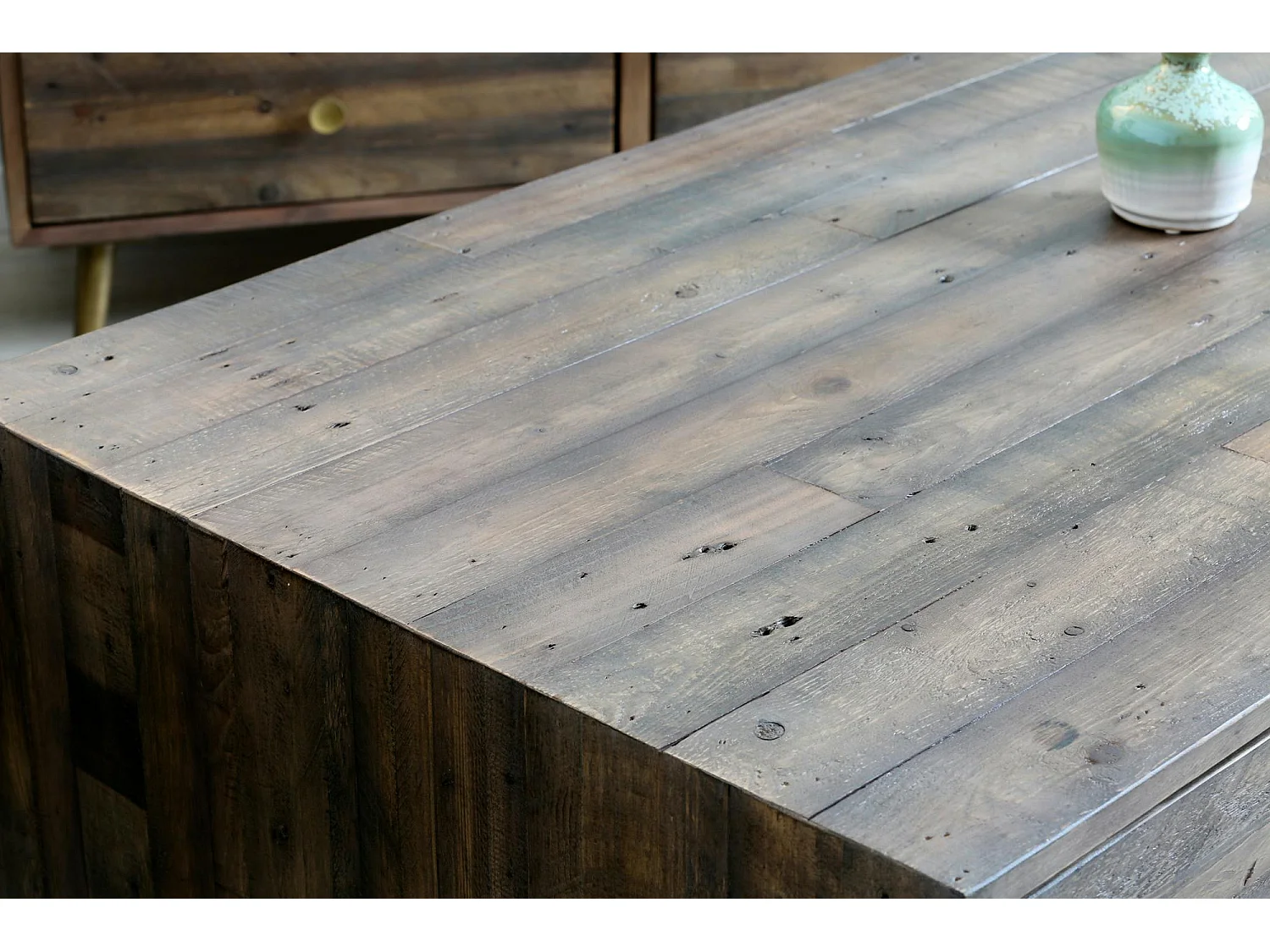 Table basse double plateau bois recyclé piètement effet laiton vieilli ADÉLAÏDE