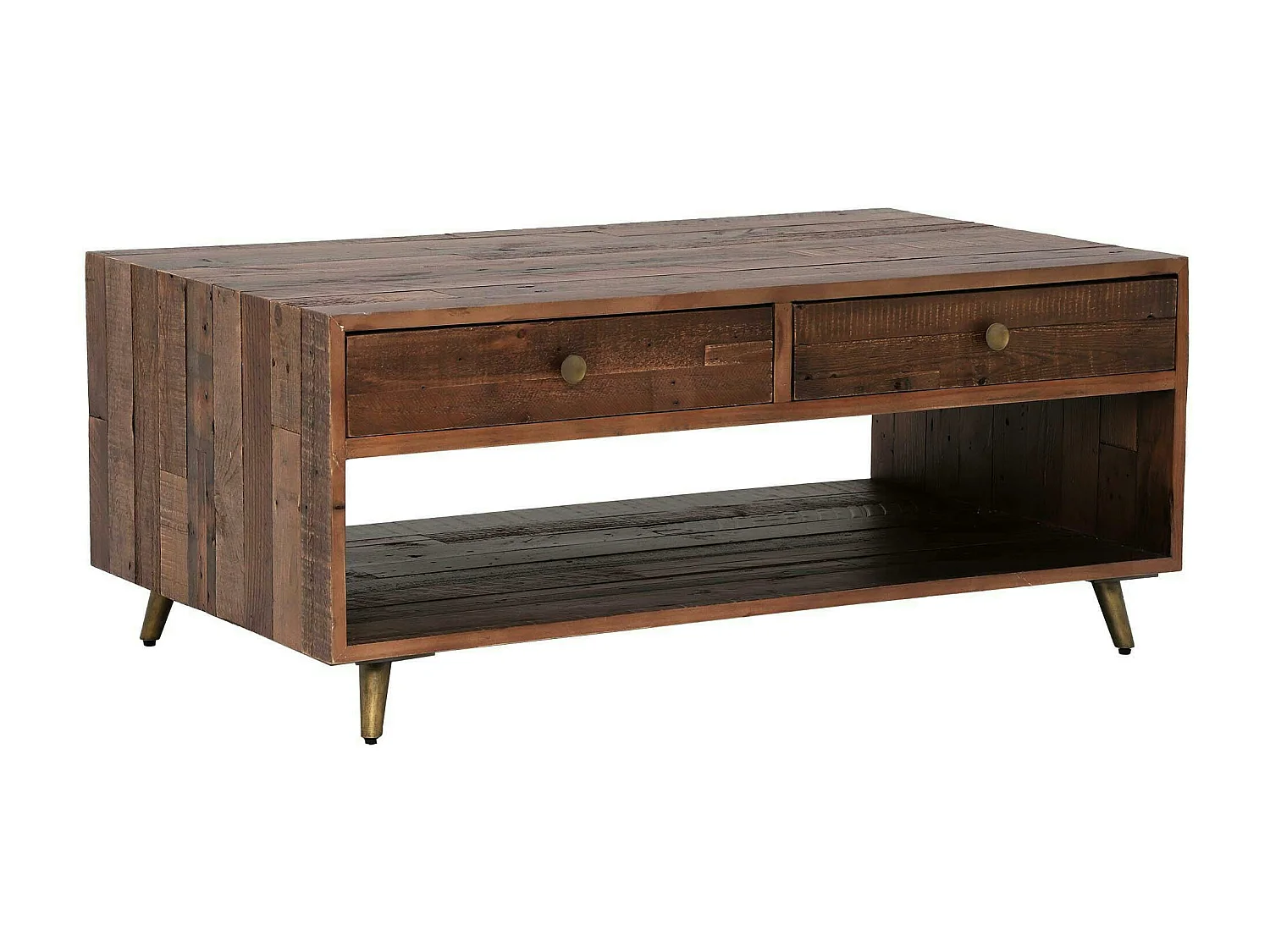 Table basse double plateau bois recyclé piètement effet laiton vieilli ADÉLAÏDE