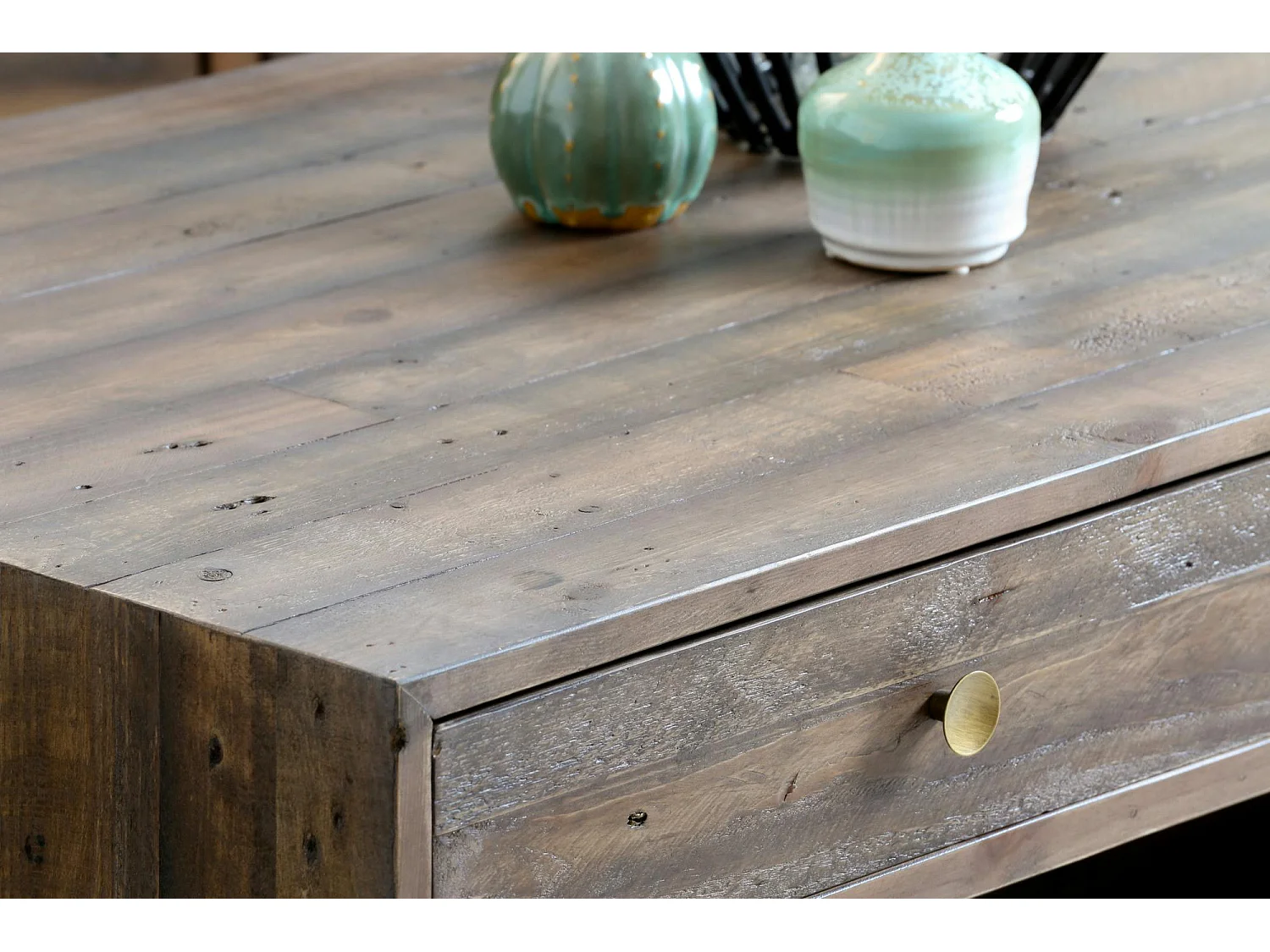 Table basse double plateau bois recyclé piètement effet laiton vieilli ADÉLAÏDE