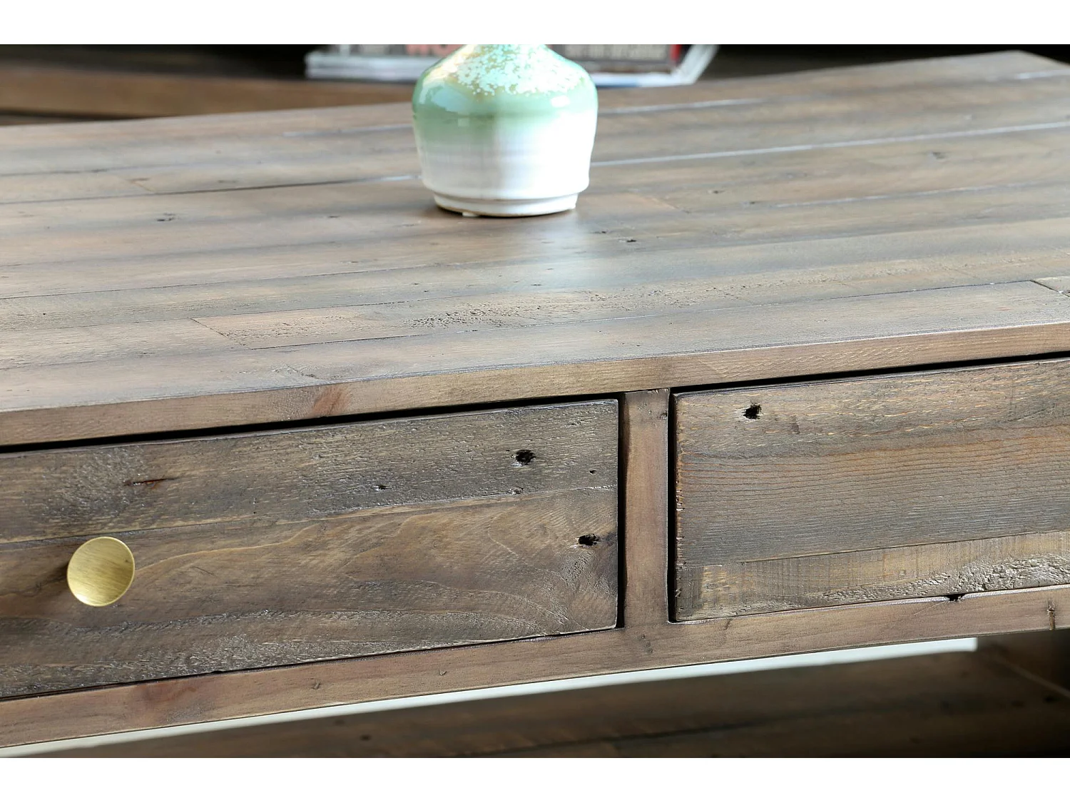 Table basse double plateau bois recyclé piètement effet laiton vieilli ADÉLAÏDE