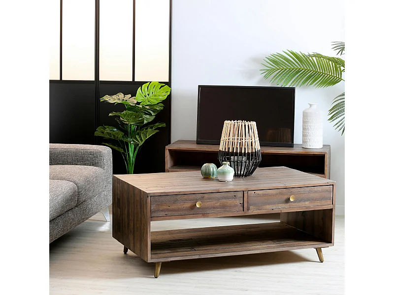 Table basse double plateau bois recyclé piètement effet laiton vieilli ADÉLAÏDE