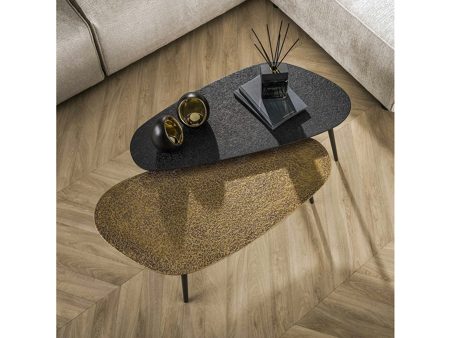 Table basse design organique couleur anthracite et cuivré (2 pièces) RALF