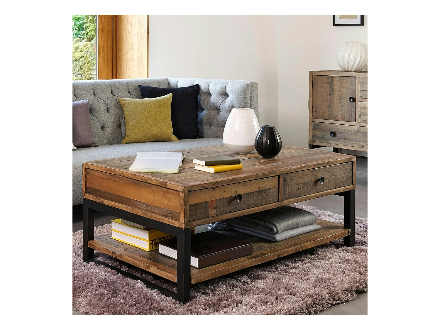 Table basse bois recyclé double plateau 2 tiroirs BRISBANE