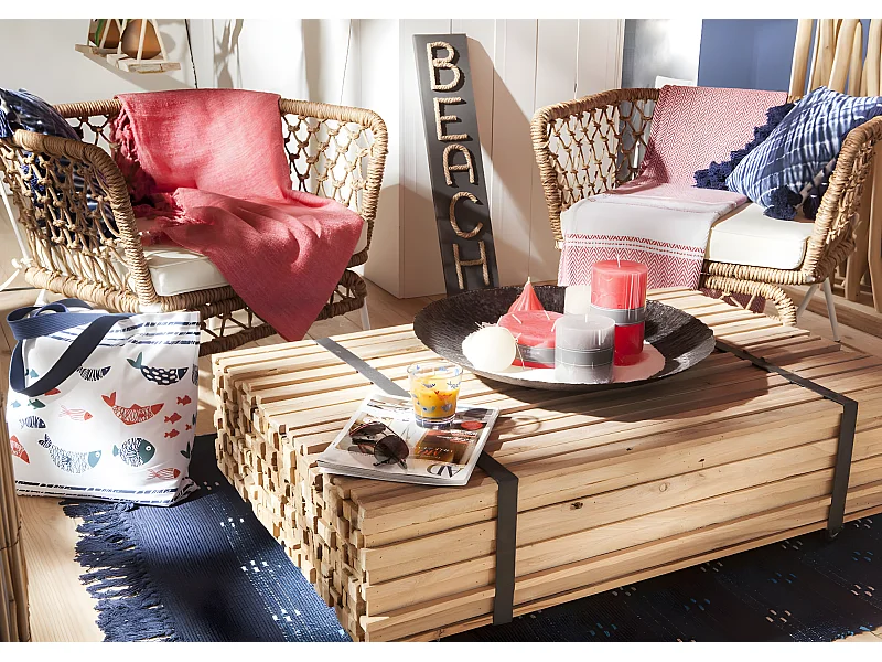 Table basse à roulettes en bois recyclé naturel 110x70x33cm