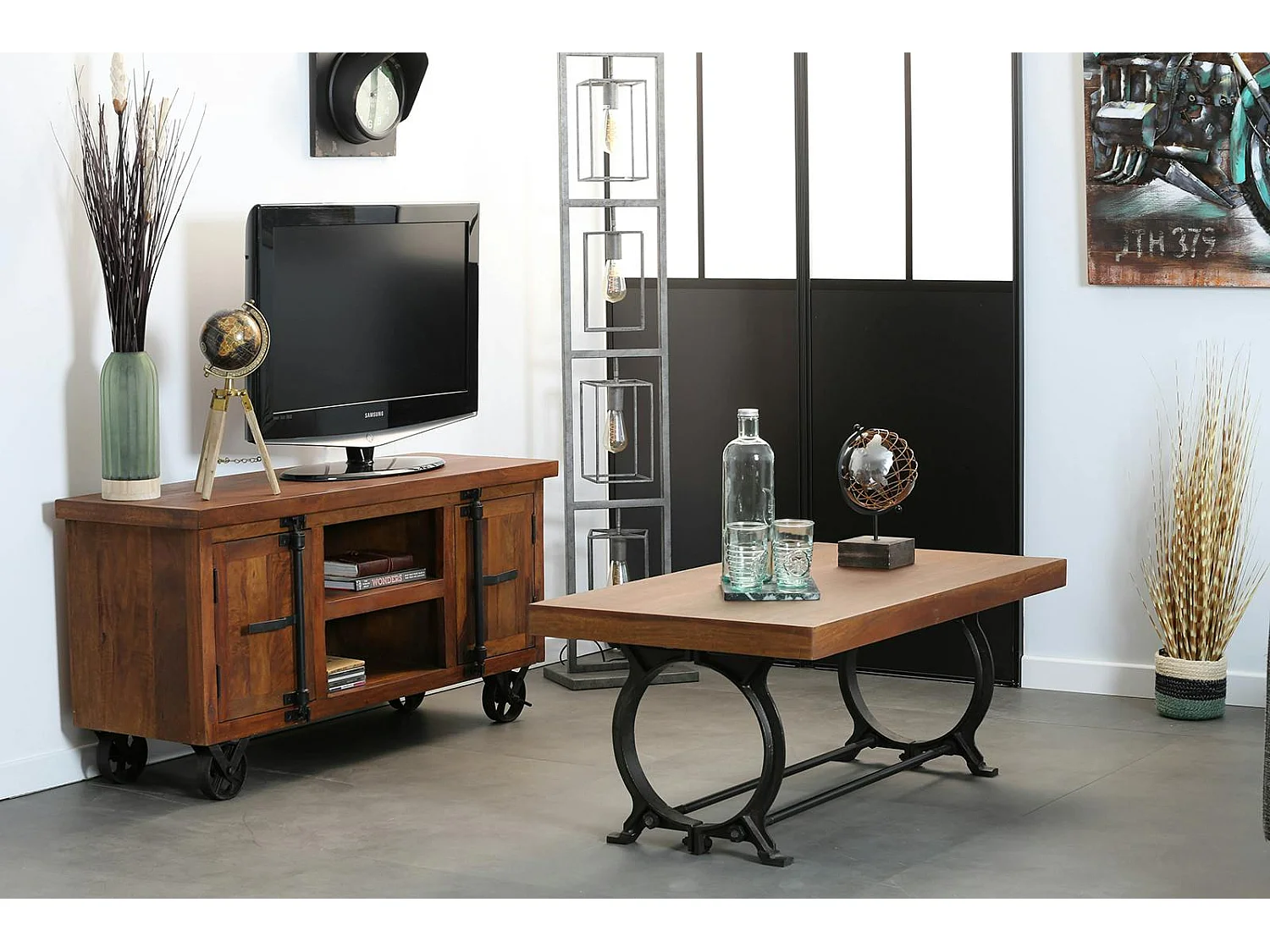 Table basse industrielle vintage bois recyclé LEEDS