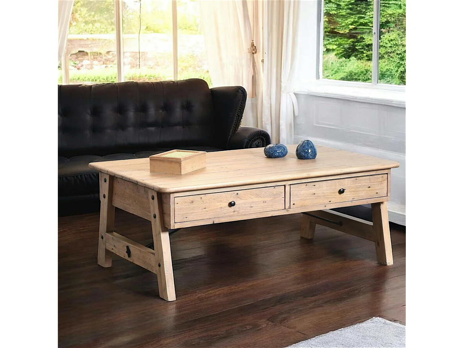 Table basse avec rangement bois recyclé clair tréteaux SALERNE