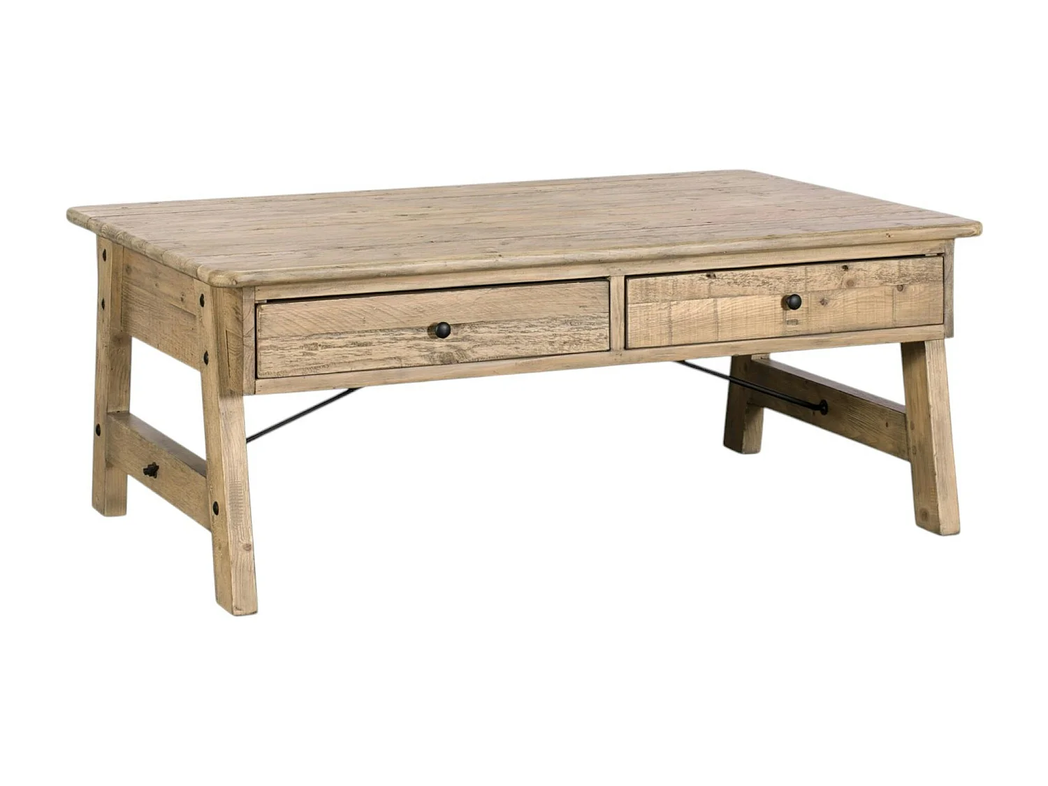 Table basse avec rangement bois recyclé clair tréteaux SALERNE