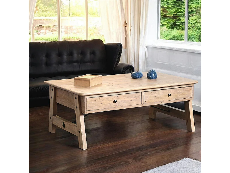 Table basse avec rangement bois recyclé clair tréteaux SALERNE