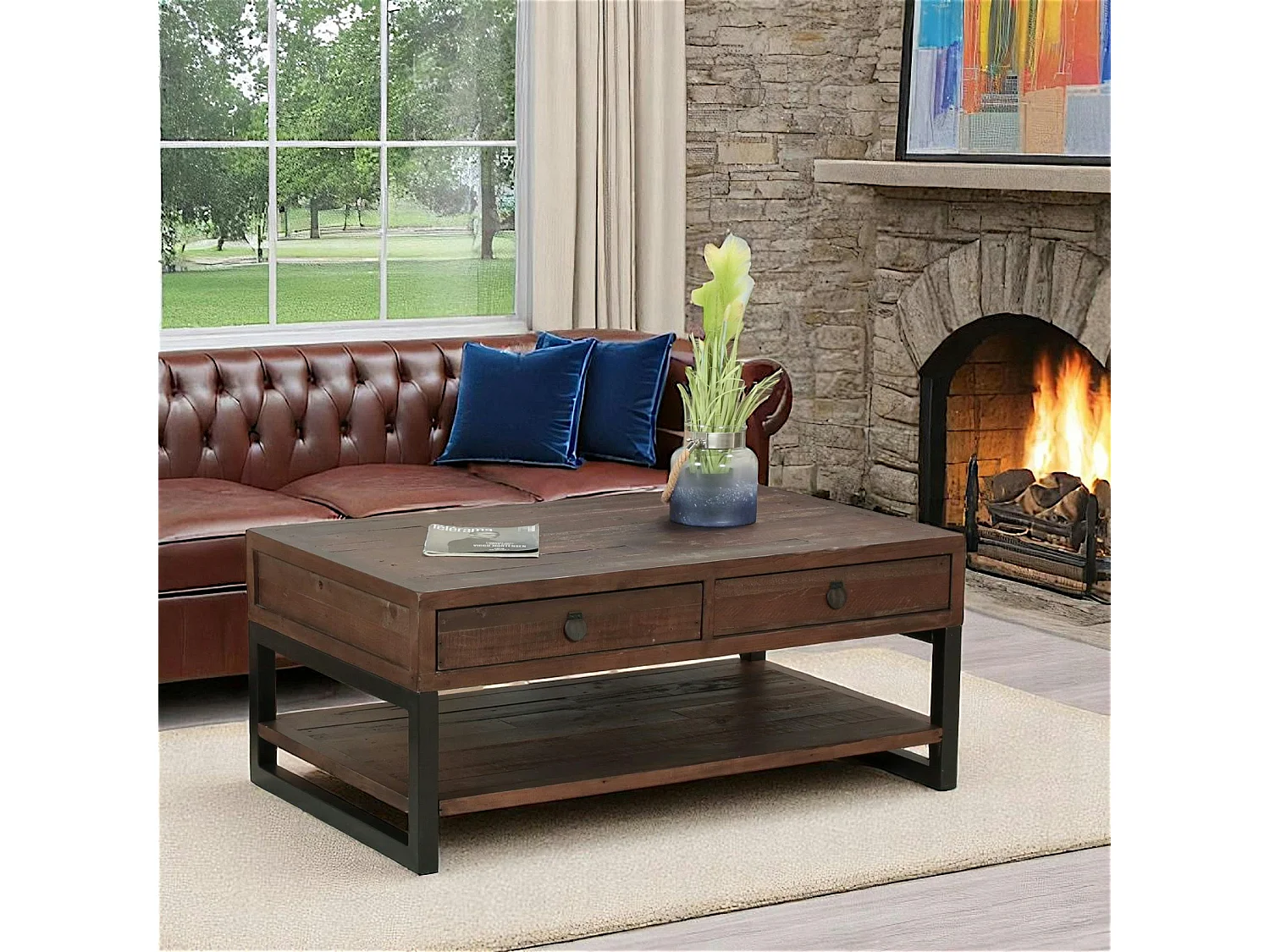 Table basse bois brun recyclé double plateau 2 tiroirs SAMOA