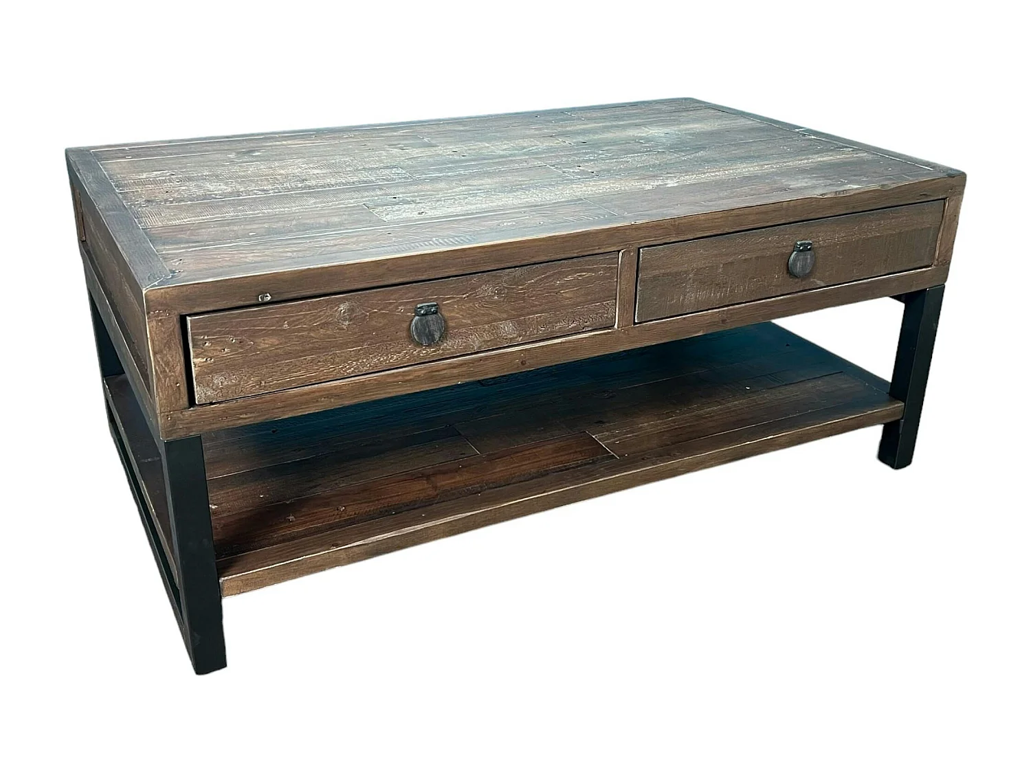 Table basse bois brun recyclé double plateau 2 tiroirs SAMOA