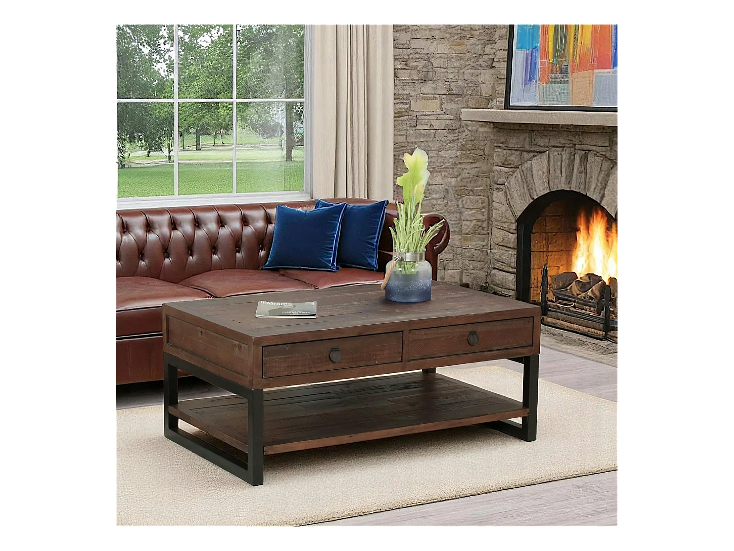Table basse bois brun recyclé double plateau 2 tiroirs SAMOA
