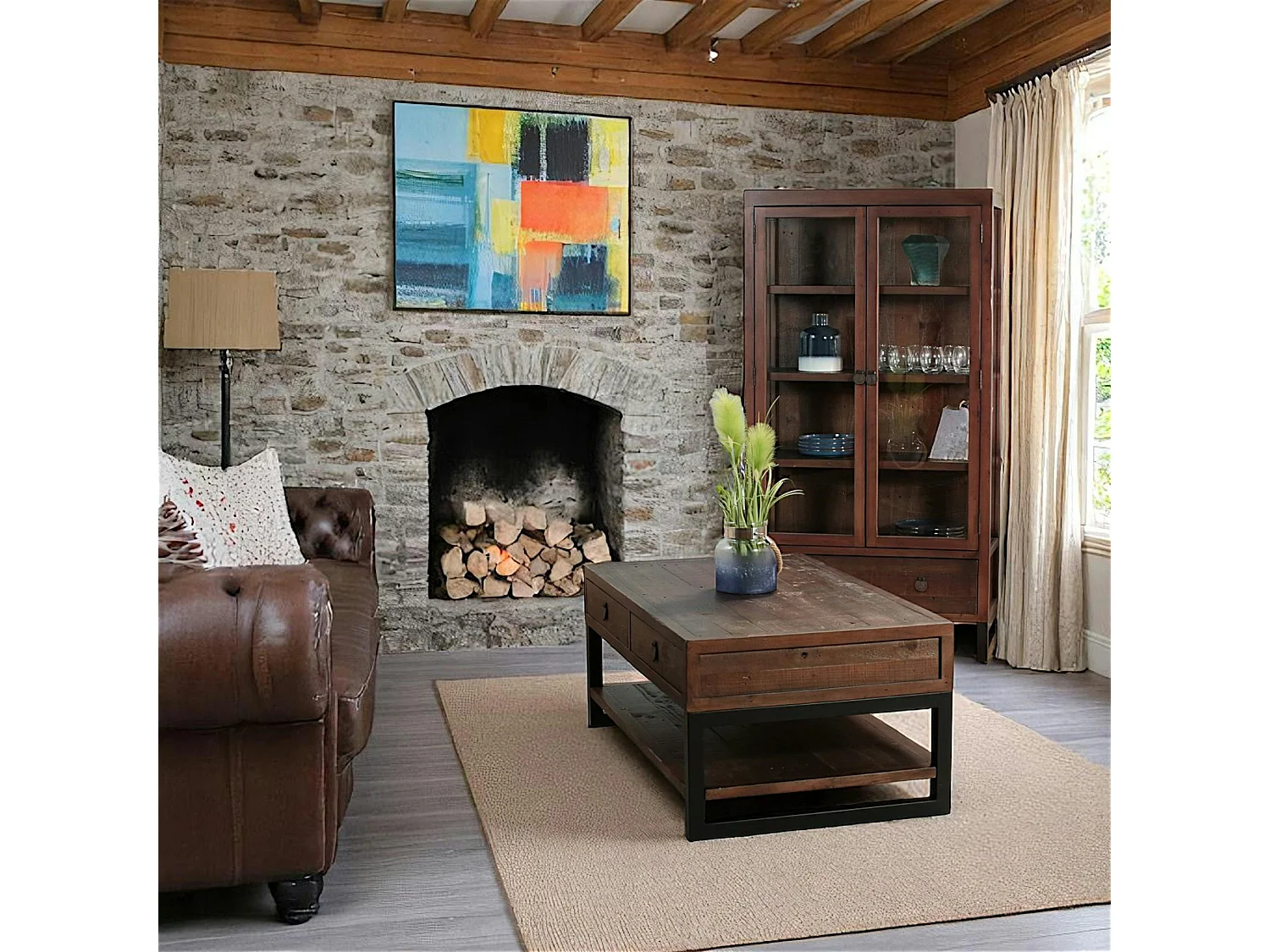 Table basse bois brun recyclé double plateau 2 tiroirs SAMOA