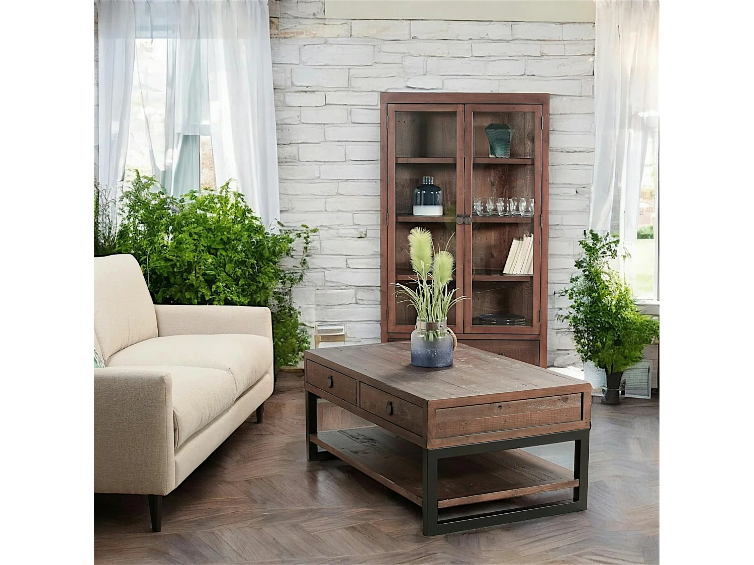 Table basse bois brun recyclé double plateau 2 tiroirs SAMOA