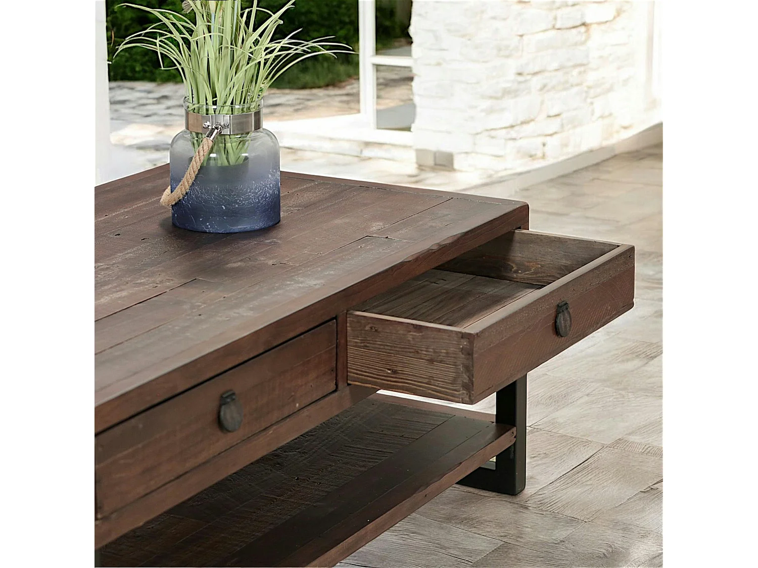 Table basse bois brun recyclé double plateau 2 tiroirs SAMOA