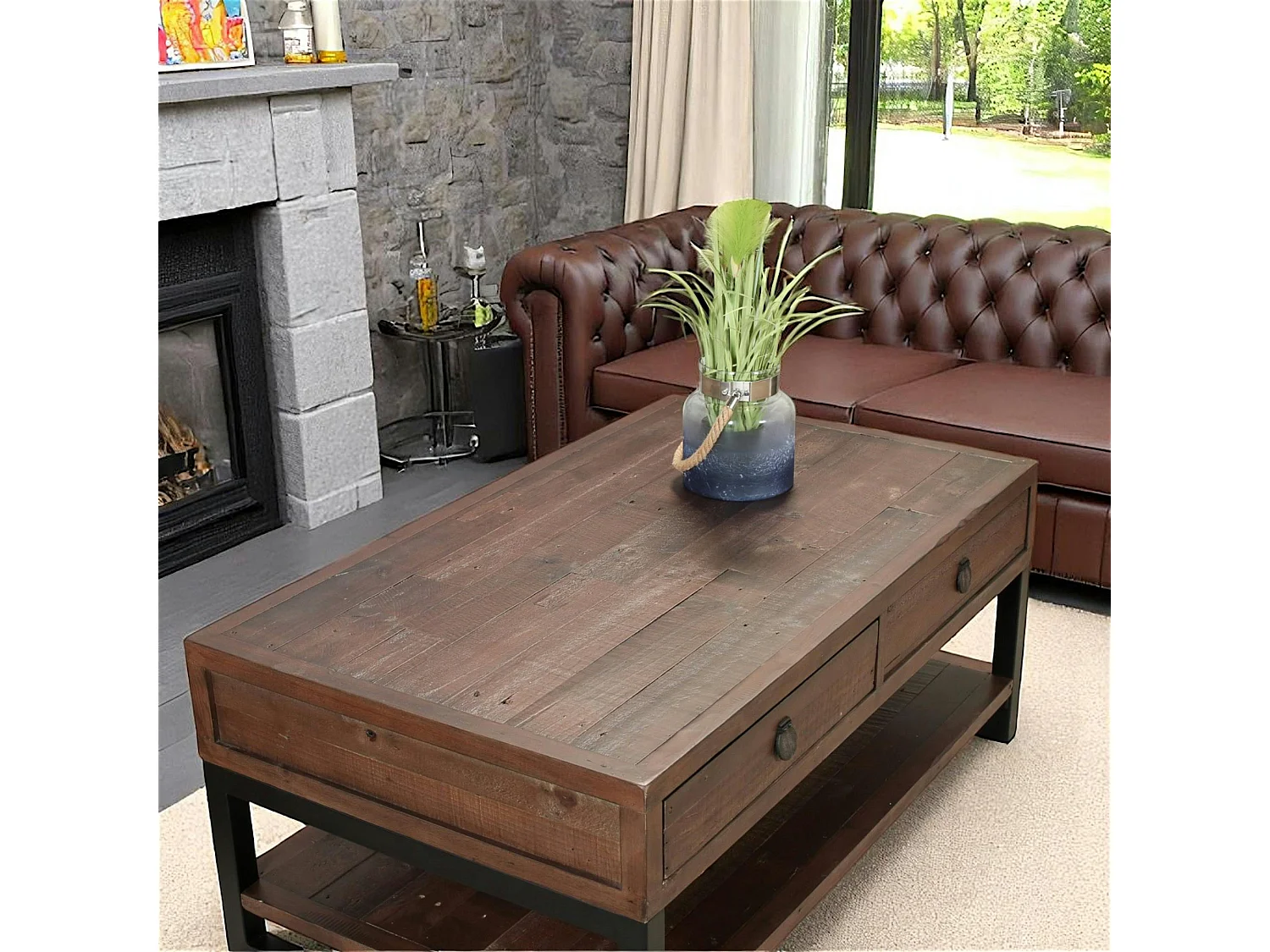 Table basse bois brun recyclé double plateau 2 tiroirs SAMOA