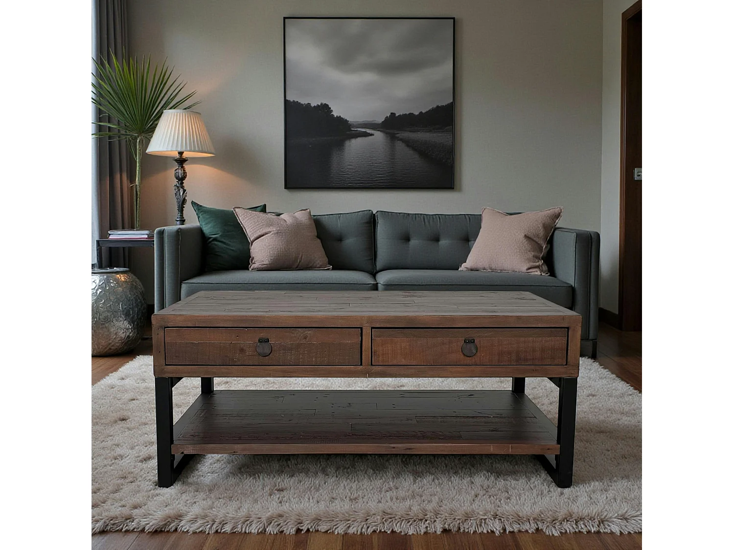 Table basse bois brun recyclé double plateau 2 tiroirs SAMOA