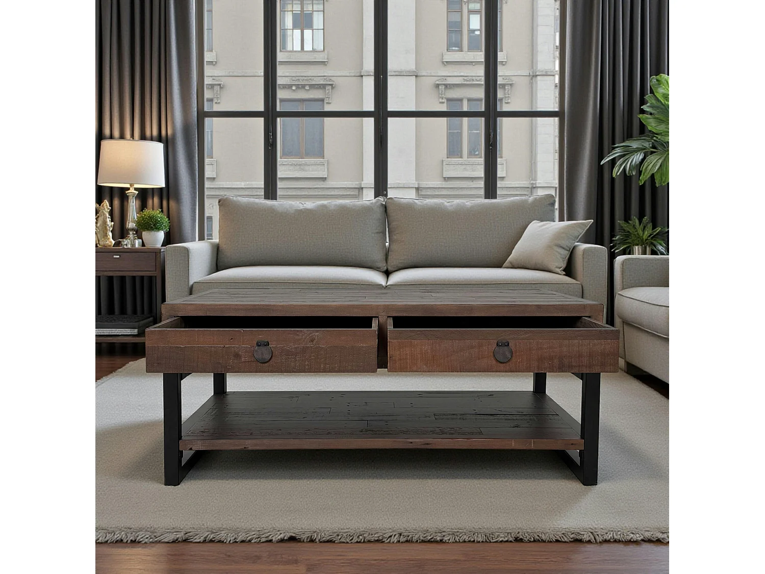 Table basse bois brun recyclé double plateau 2 tiroirs SAMOA