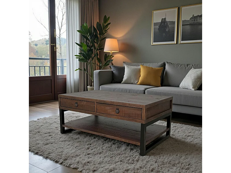 Table basse bois brun recyclé double plateau 2 tiroirs SAMOA