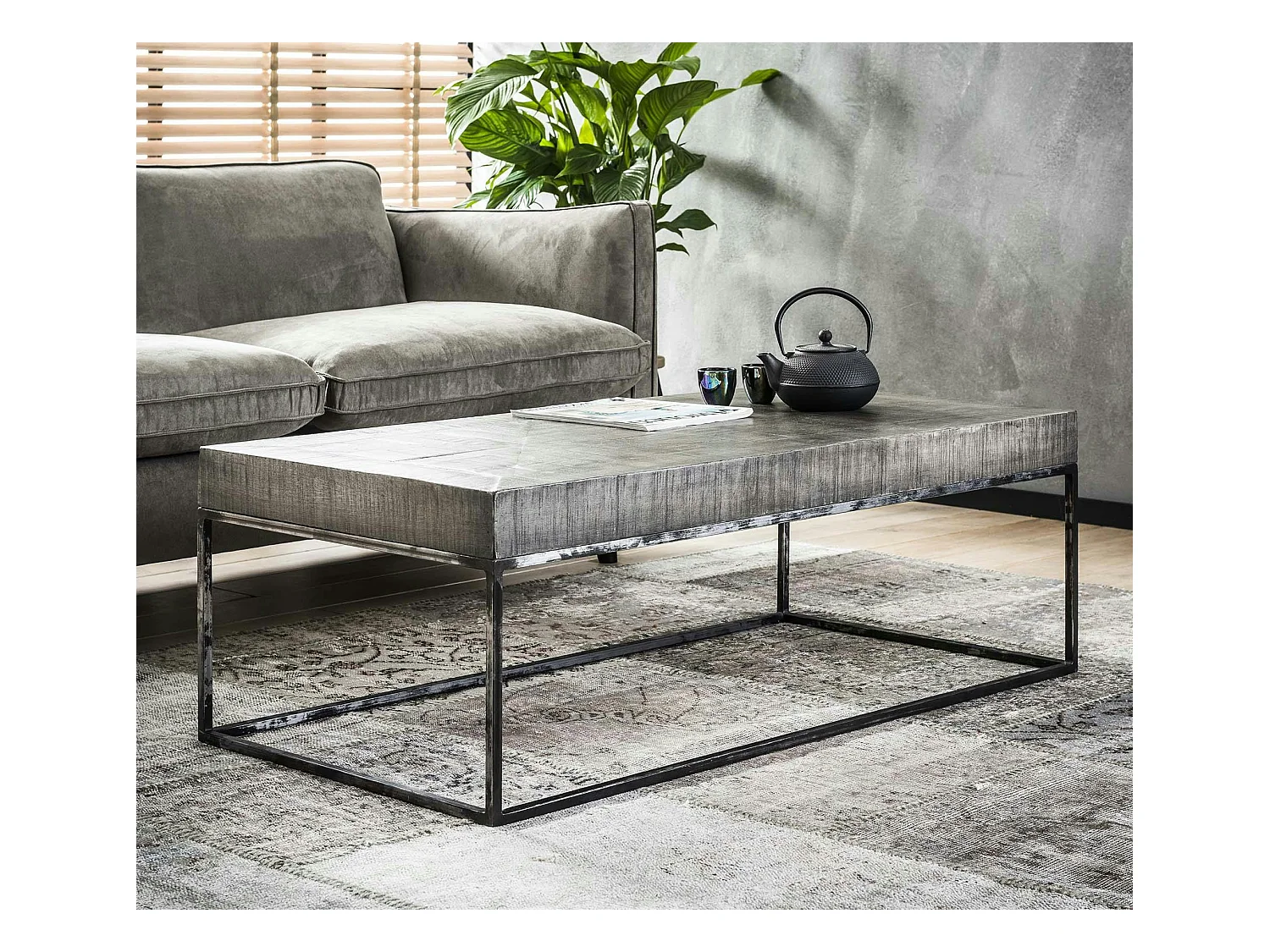 Table basse grise bois massif 120 cm LUCKNOW