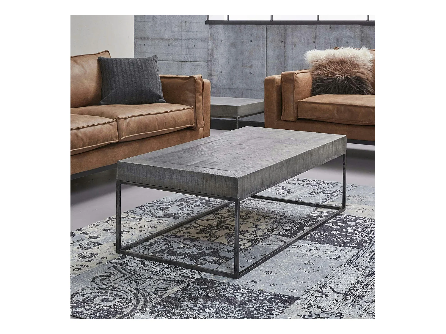 Table basse grise bois massif 120 cm LUCKNOW