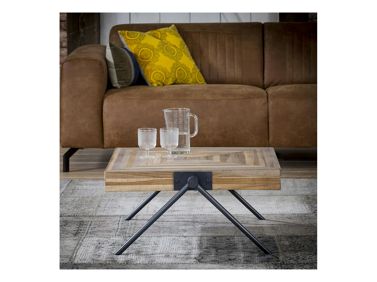 Table basse carrée teck recyclé acier 70 cm JAVA