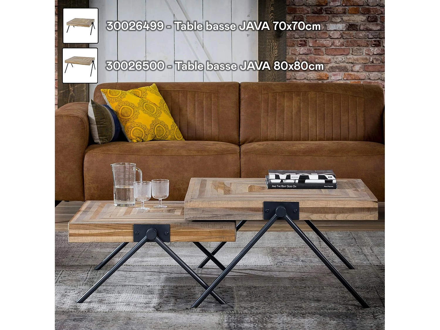 Table basse carrée teck recyclé acier 70 cm JAVA