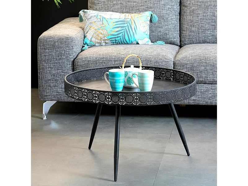 Table basse métal noir motifs ajourés grand modèle