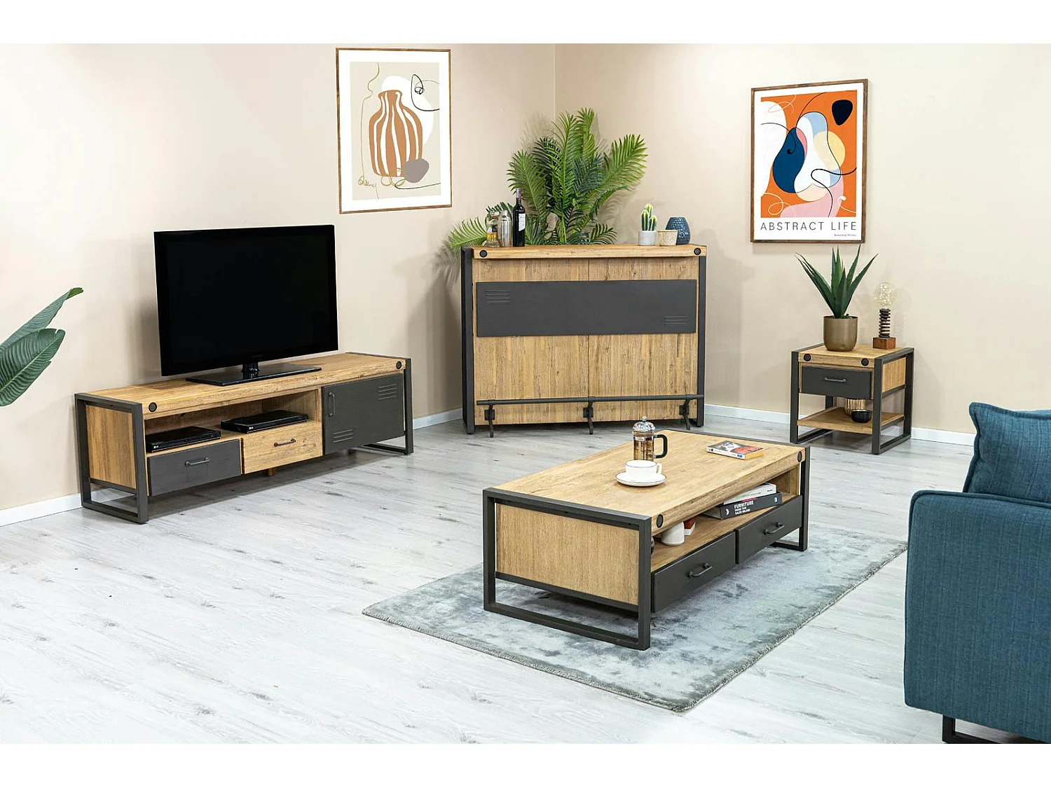 Table basse industrielle bois métal boulons BROOKLYN