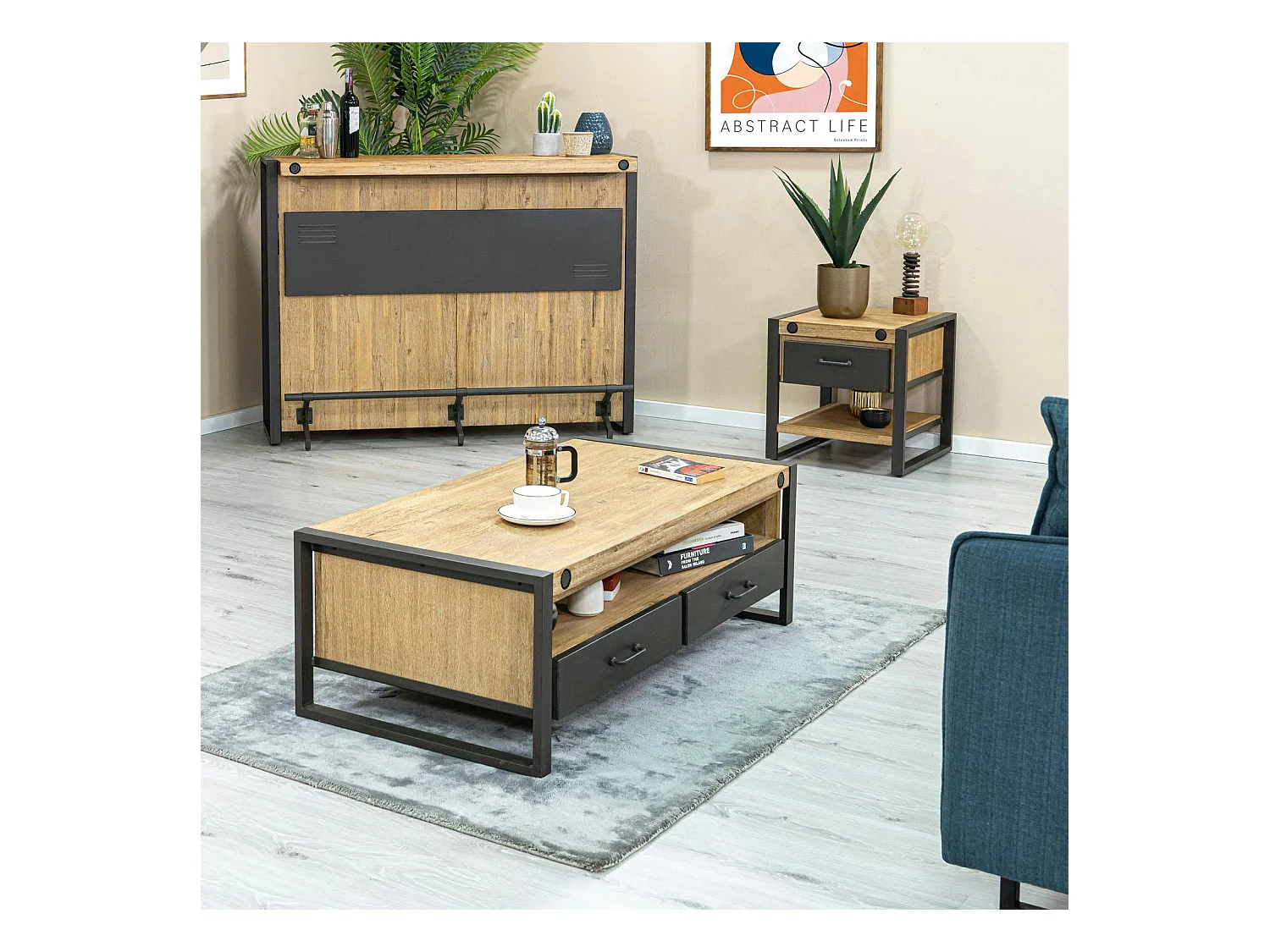Table basse industrielle bois métal boulons BROOKLYN