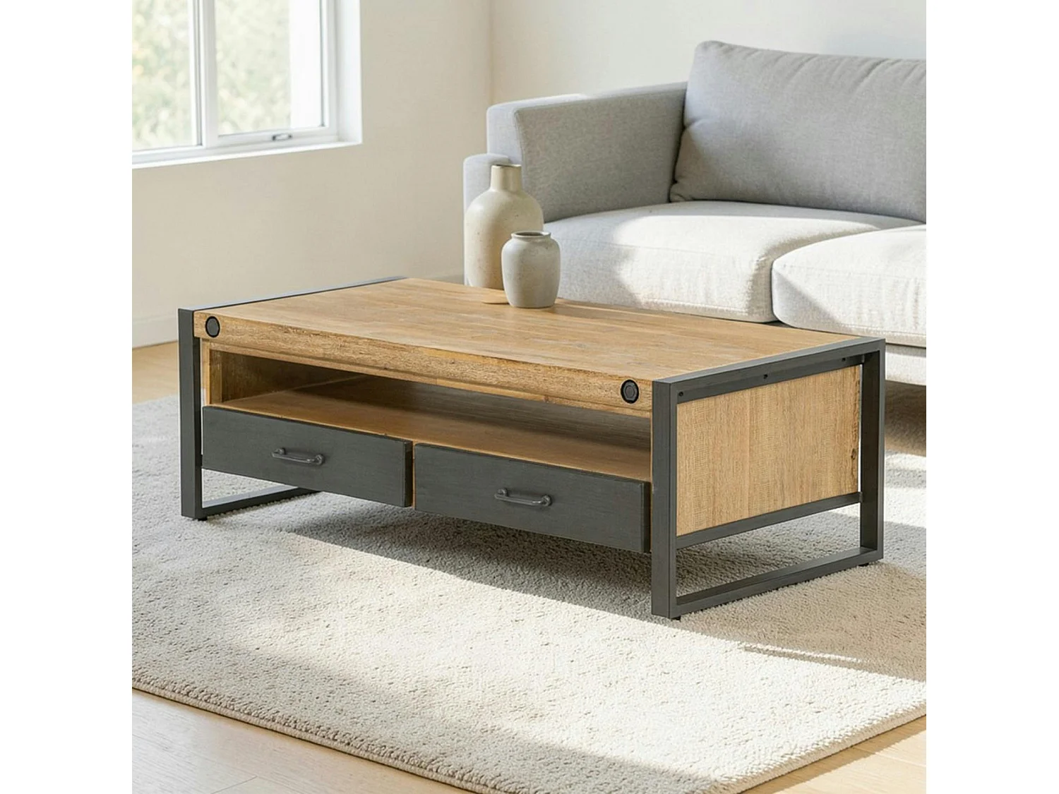 Table basse industrielle bois métal boulons BROOKLYN