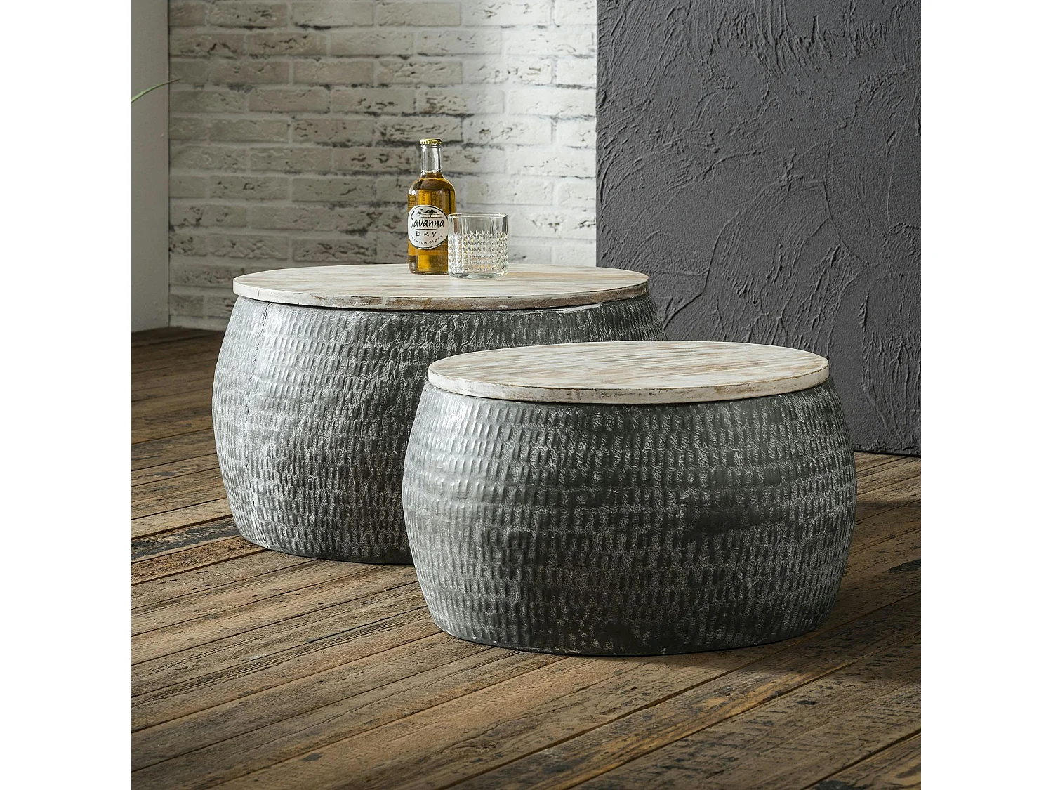 Table basse ronde acier martelé manguier (2 pièces)