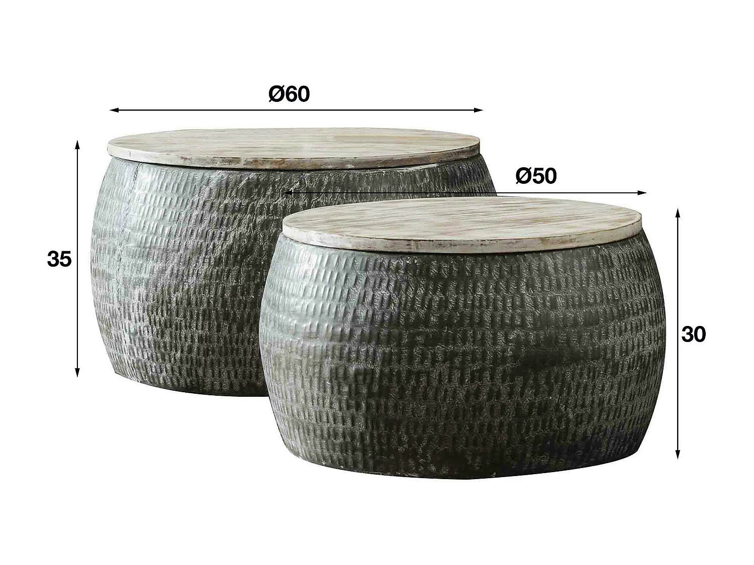 Table basse ronde acier martelé manguier (2 pièces)