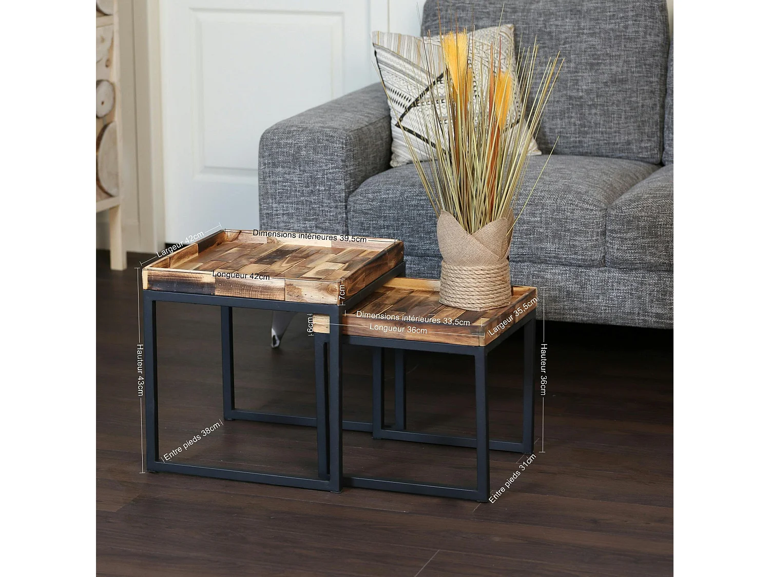 Table gigogne carrée en bois d'acacia recyclé (lot de 2)