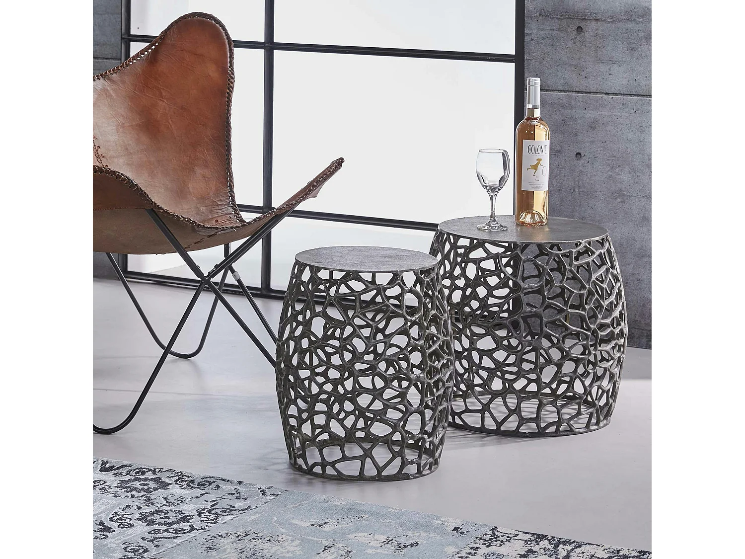 Bout de canapé nickel noir aluminium motifs ajourés (2 pièces)