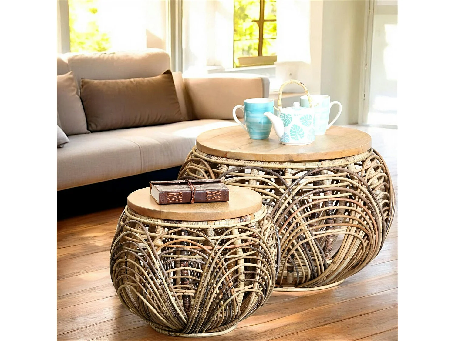 Table basse ronde en rotin (lot de 2)