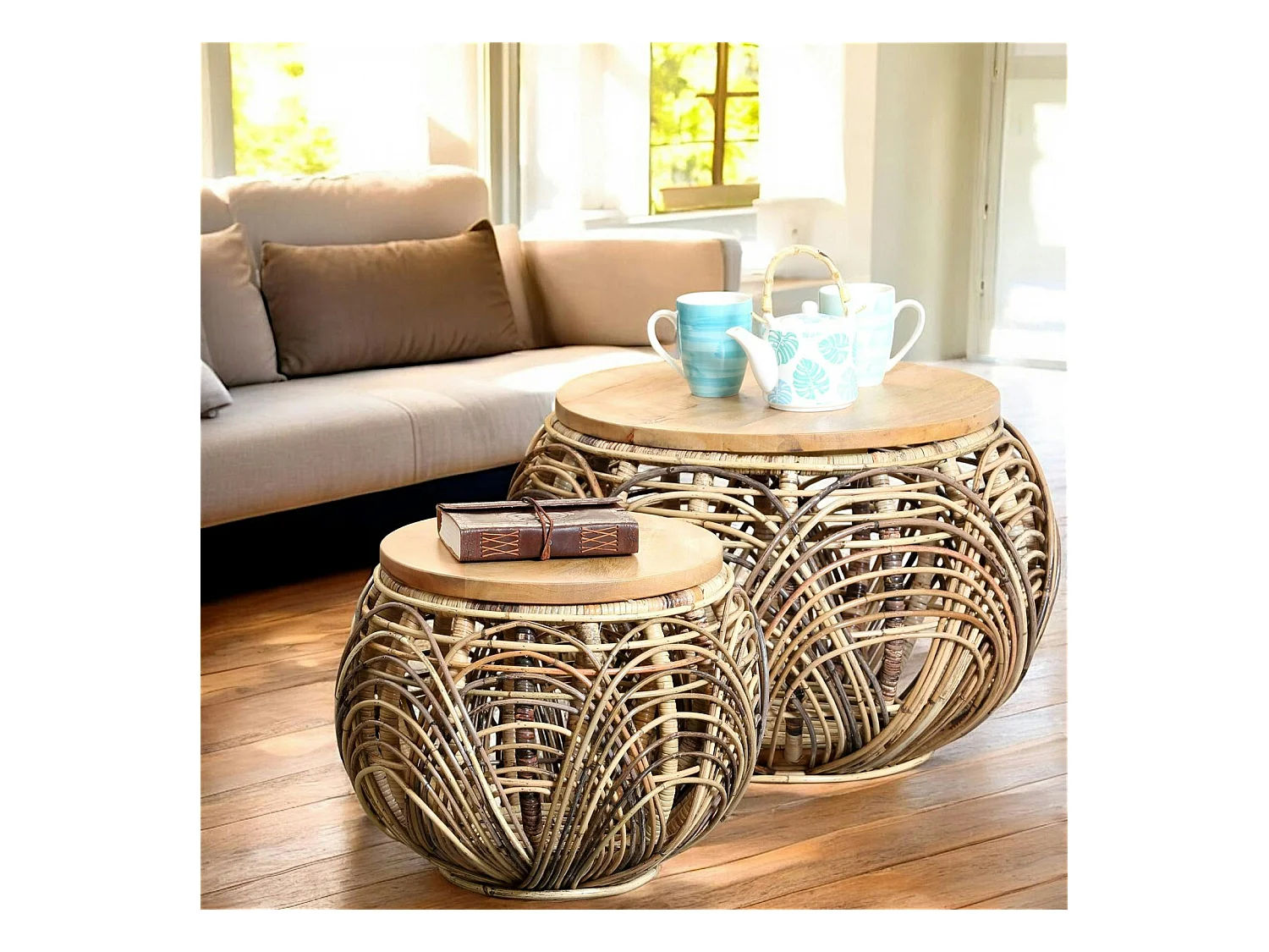 Table basse ronde en rotin (lot de 2)