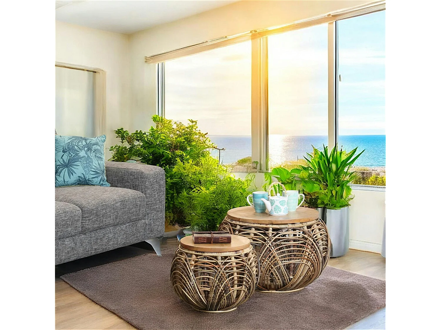 Table basse ronde en rotin (lot de 2)