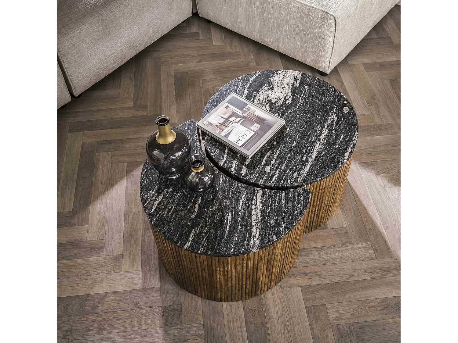 Table basse en marbre noir et bois de manguier forme lune (lot de 2) DELHI