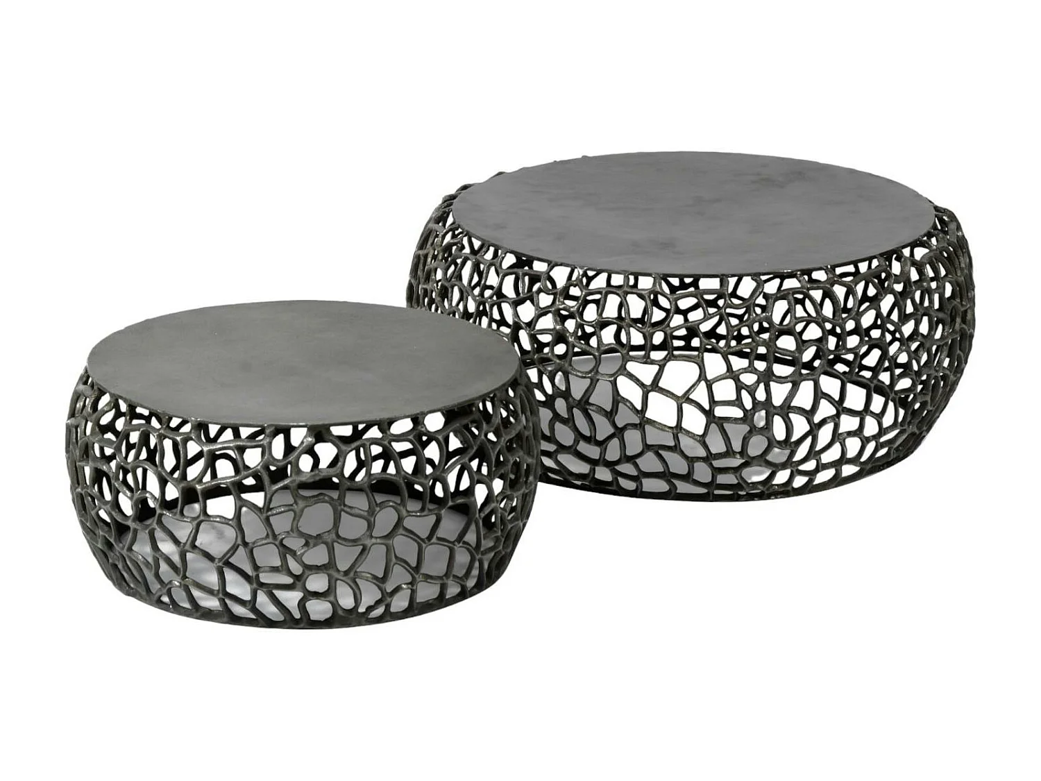 Table basse gigogne en métal gris motifs ajourés (2 pièces)