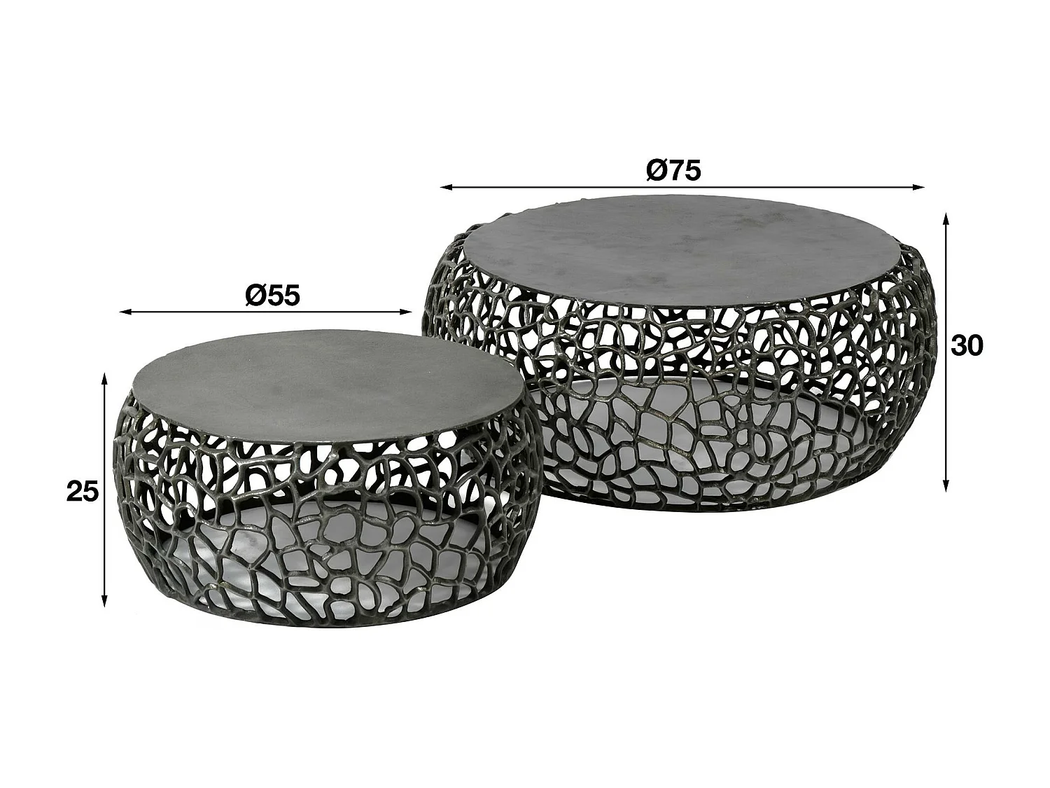 Table basse gigogne en métal gris motifs ajourés (2 pièces)