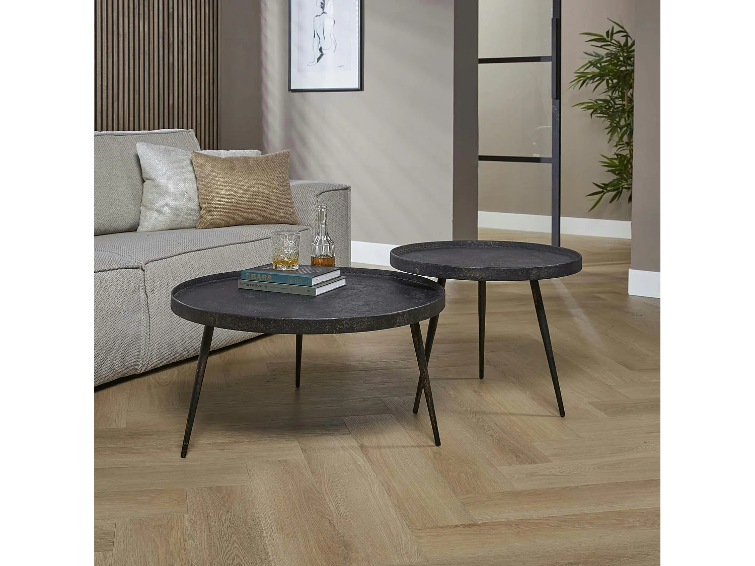 Table de salon ronde effet métal vieilli (2 pièces) RALF