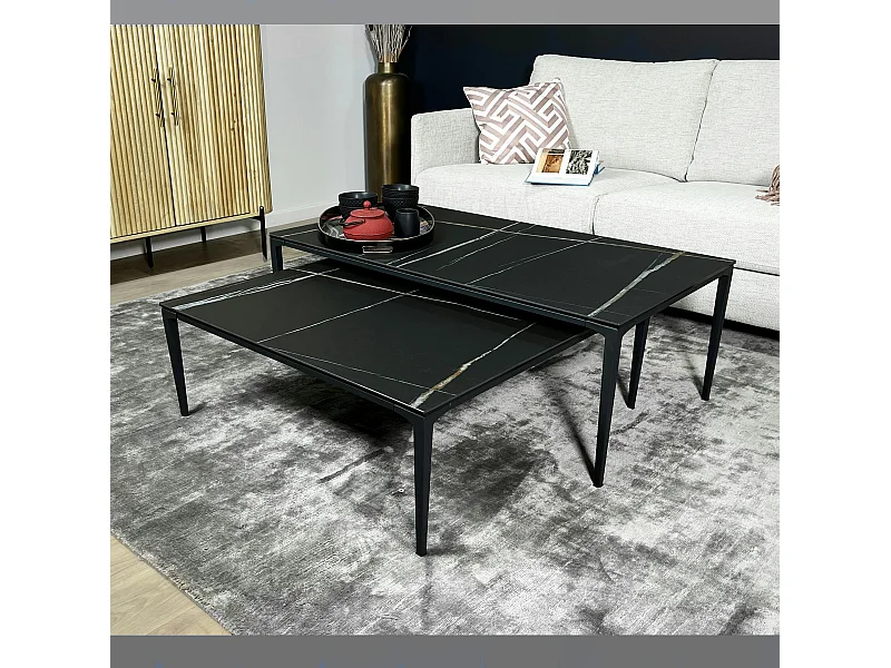 Table basse gigogne en céramique noire marbrée (lot de 2) LOMBARDIE