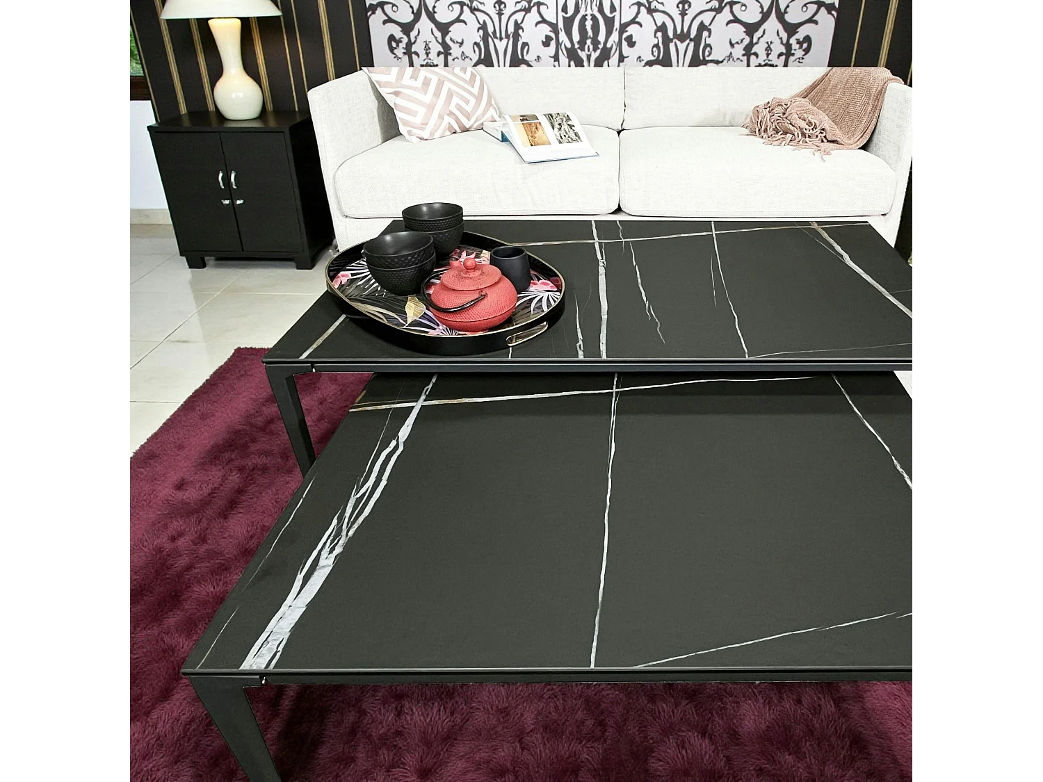 Table basse gigogne en céramique noire marbrée (lot de 2) LOMBARDIE