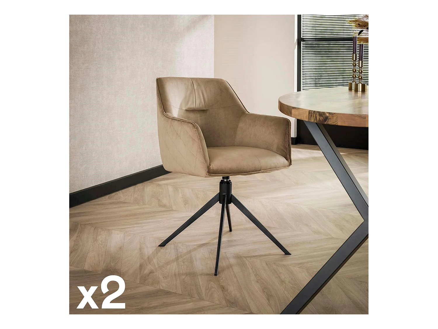 Fauteuil de table pivotant en velours sable motif damier (lot de 2) MELBOURNE