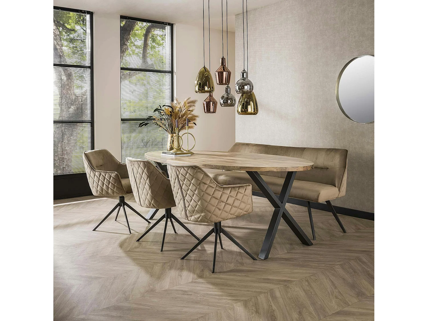 Fauteuil de table pivotant en velours sable motif damier (lot de 2) MELBOURNE